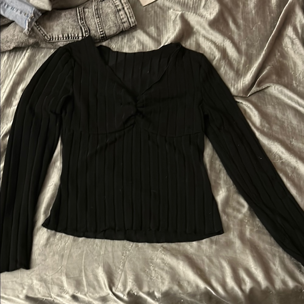 Carolyn Pollack Black Ribbed Tie Front Blouse